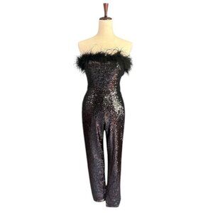 INA Women Feather Embellished Strapless Embroidered Sequin Black Jumpsuit M NWT